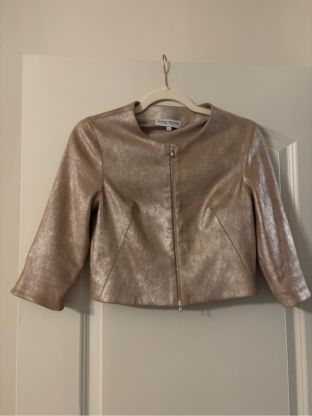 Susan Bender Metallic Champagne Cropped Leather Jacket